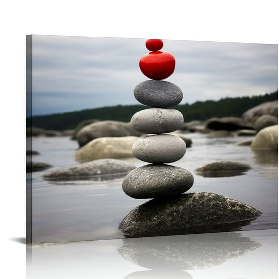 ONETECH Beach Decor Bathroom Wall Art - Coastal Ocean Wall Decor Red Starfish Zen Stone Seascape Pictures Canvas Print Home Bedroom Red Decoration Artwork Framed Ready to Hang 16\x12\