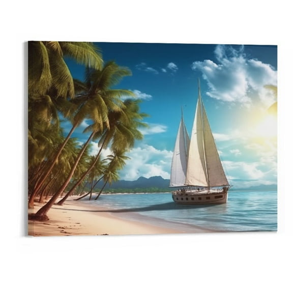 ONETECH Beach Painting Blue Summer Ocean Picture Canvas Wall Art Tropical Palm Tree Modern Landscape Artwork Framed, Large - 20x16 Inch for Living Room Bedroom Bathroom Wall Decor