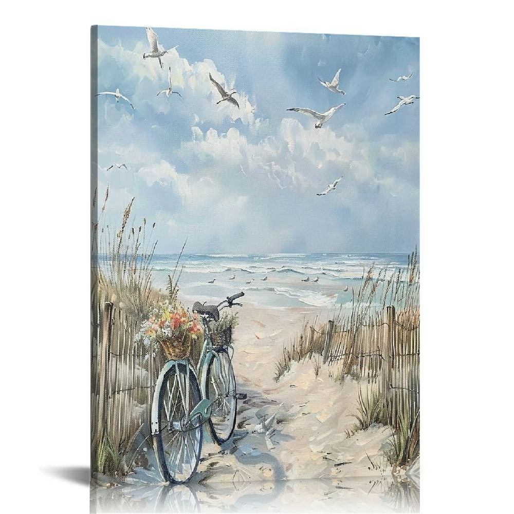 ONETECH Beach Wall Art Bathroom Decor: Blue Gray Coastal Bicycle ...