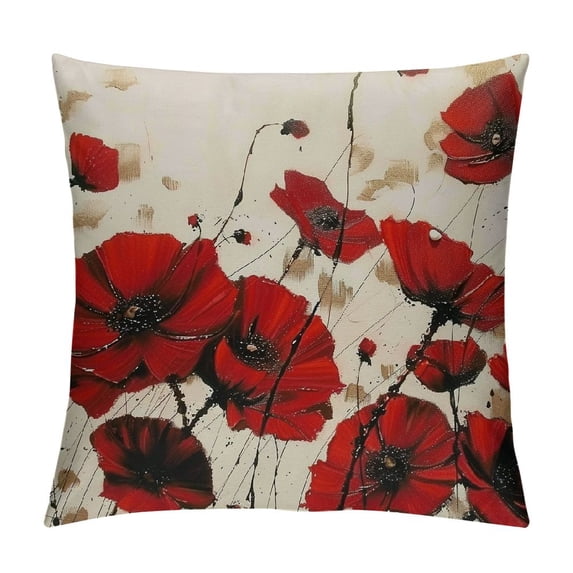 ONETECH Beautiful Flower Poppy Pillow Case,Red Flower Cotton Linen Cushion Cover Square Standard Home Decorative for Men/Women Red Brown