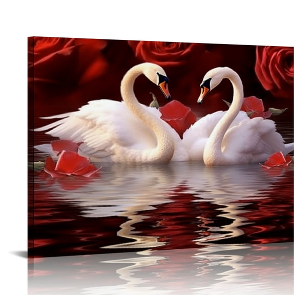 ONETECH Beautiful Romantic Swans Art Print on Canvas Red Rose Flowers Wall Art Decor Stretched Frames for Bedroom Bathroom Ready to Hang