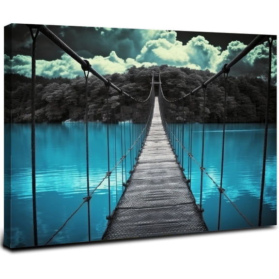 ONETECH Bedroom Bridge Canvas Wall Art: Modern Large Living Room Picture Relaxing Blue Water Scene Print Painting 40x20 Horizontal Home Nature Landscape Artwork 16x12inch