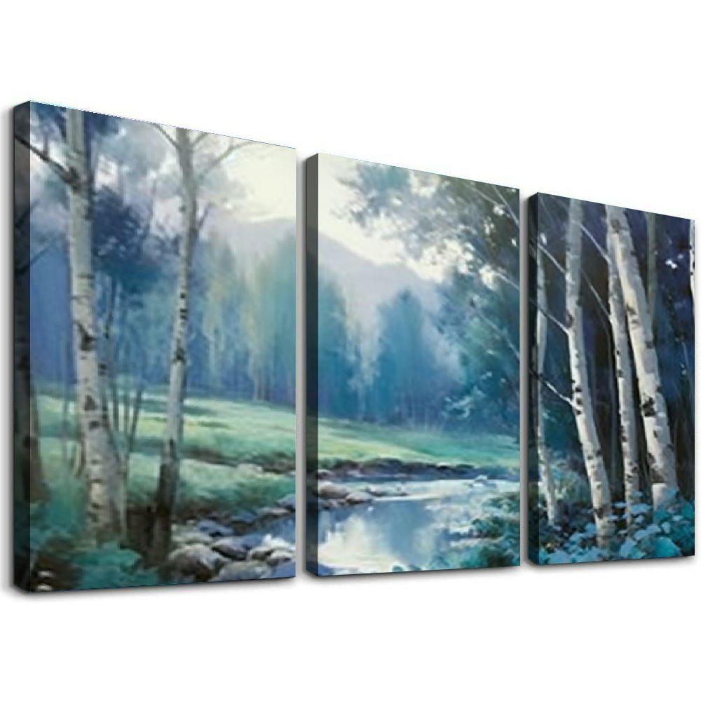 ONETECH Birch Tree Wall Art Canvas Blue Landscape Nature Forest ...