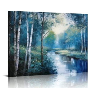 ONETECH Birch Tree Wall Art Canvas Blue Landscape Nature Forest Painting Teal Mountain River Picture, Large Artwork Textured Framed for Living Room Bedroom Bathroom Home Office Wall Décor