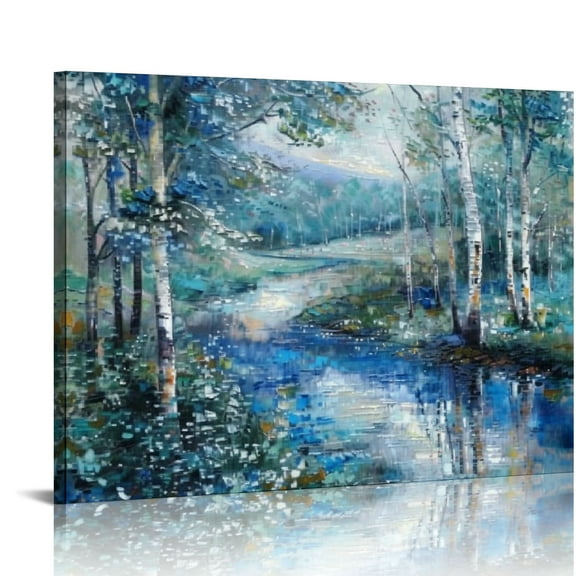 ONETECH Birch Tree Wall Art Canvas Blue Landscape Nature Forest Painting Teal Mountain River Picture, Large Artwork Textured for Living Room Bedroom Bathroom Home Office Wall Décor 20x16in