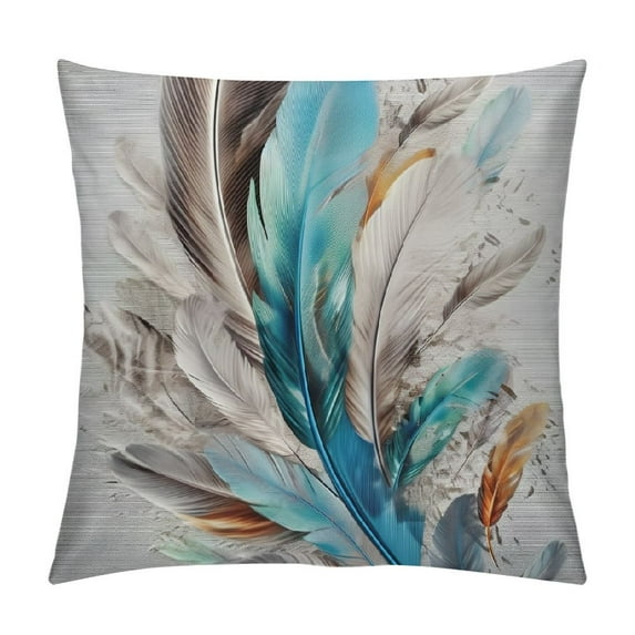 FUMJ Bird Feather Throw Pillow Cover Teal Brown Turquoise Feather Decorative Pillow Case Home Decor Square Pillowcase
