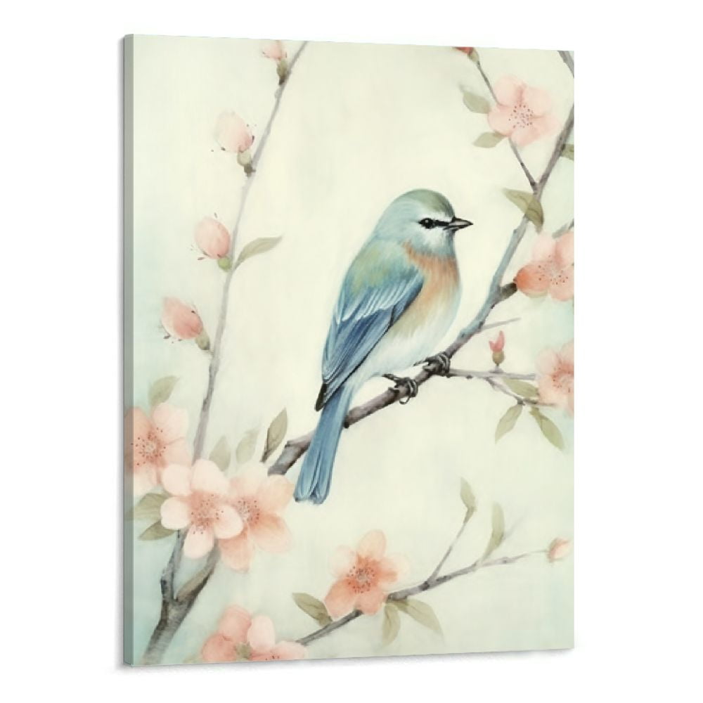ONETECH Bird Pictures Wall Art Canvas: Gold Foils and Heavy Texture Beautiful Birds on Branch Picture Pink Flower for Bedroom 16"x20"