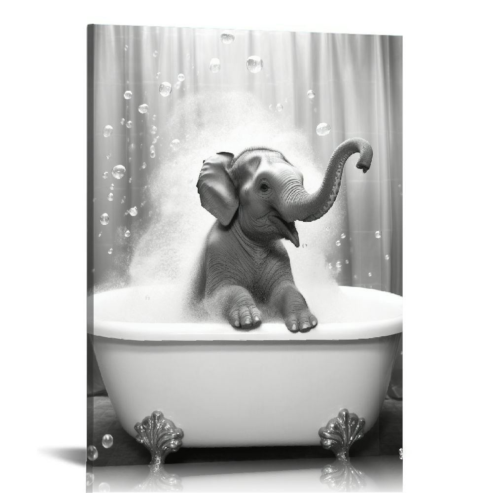 ONETECH Black White Animal in Bathtub Wall Art Elephant Canvas Print ...