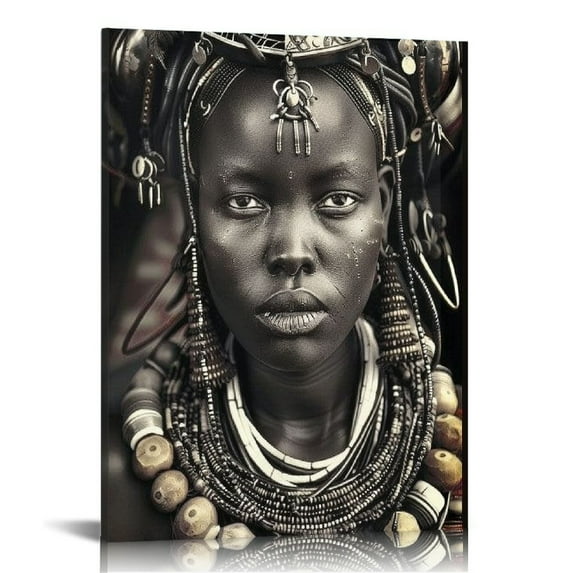 ONETECH Black and White Artwork for Walls African Fashion Women Pictures Indigenous Civilization Art Paintings 1 Piece Canvas Modern Artwork Framed Ready to Hang(''16x20'')