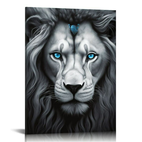 ONETECH  Black and White Canvas Wall Art Blue Eye Lion Portrait Pictures Print Jungle Wild Animal Painting Modern Artwork for Home Bedroom Bathroom Decor Framed