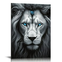ONETECH Black and White Canvas Wall Art Blue Eye Lion Portrait Pictures Print Jungle Wild Animal Painting Modern Artwork for Home Bedroom Bathroom Decor Framed