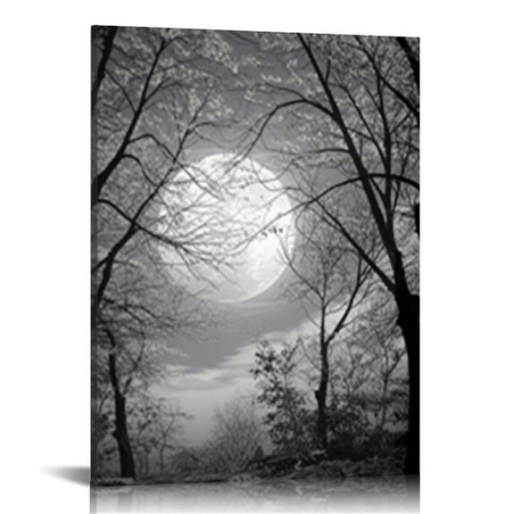 ONETECH Black and White Full Moon Forest Trees Picture Goth Room Decor Canvas Wall Art Framed Artwork Gothic Home Decor Living Room Bedroom Home Office Decoration