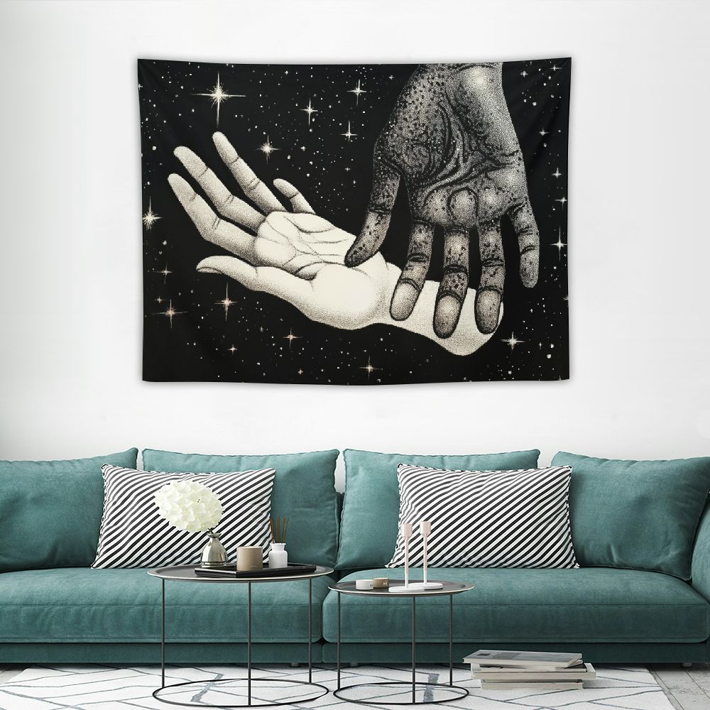 Black & White Love Hands Tapestry Wall Hanging - Abstract Couple Stars Art, 59" X 51"