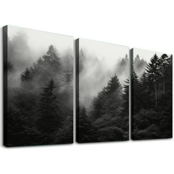 ONETECH Black and White Misty Foggy Mountain Landscape Canvas Wall Art - Breathtaking Scene of Fir Forest in Hipster Style Picture Prints Rustic Decor for Home Office 12''x16''X3 Panels