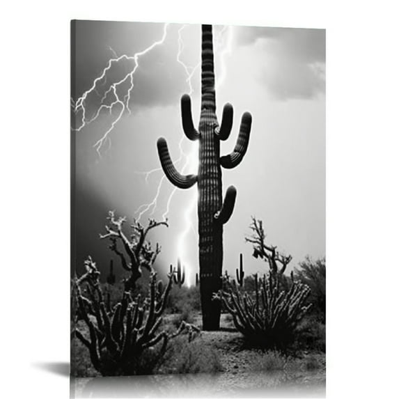 ONETECH Black and White Saguaro Desert Wall Art Arizona in Lightning Storm Picture Canvas Prints Modern Western Natural Landscape Painting Southwest Decor for Home Living Room 12x16 in