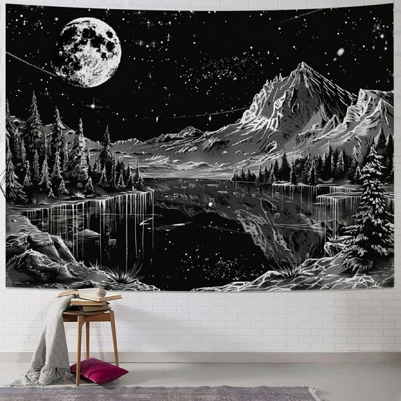 ONETECH Black and White Tapestry Starry Night Mountain Tapestries for Bedroom Aesthetic Moon and Stars Tapastry's Wall Hanging Dark Nature Forest Wall Tapestry for Living Room Dorm