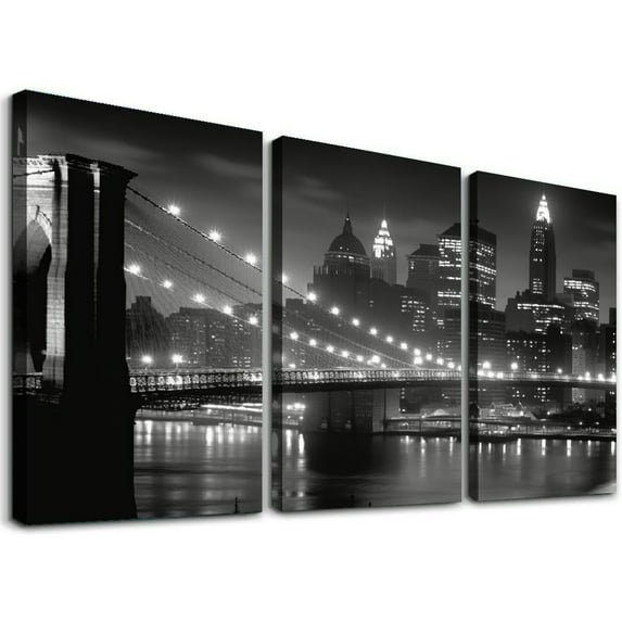 ONETECH Black and White Wall Art Canvas New York City Night Scenes Modern Cityscape Building Artwork Picture Painting for Bedroom Home Office Living Room Decor 12''x16''X3 Panels