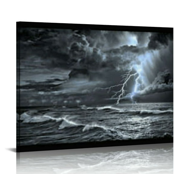 ONETECH  Black and White Ocean Canvas Print Lightning Storm Picture Painting Sea Wave Wall Art for Home Living Room Office Bedroom Decoration 16x12in