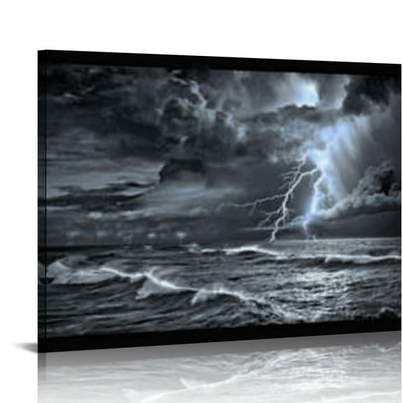 ONETECH Black and White Ocean Canvas Print Lightning Storm Picture Painting Sea Wave Wall Art for Home Living Room Office Bedroom Decoration 20x16in