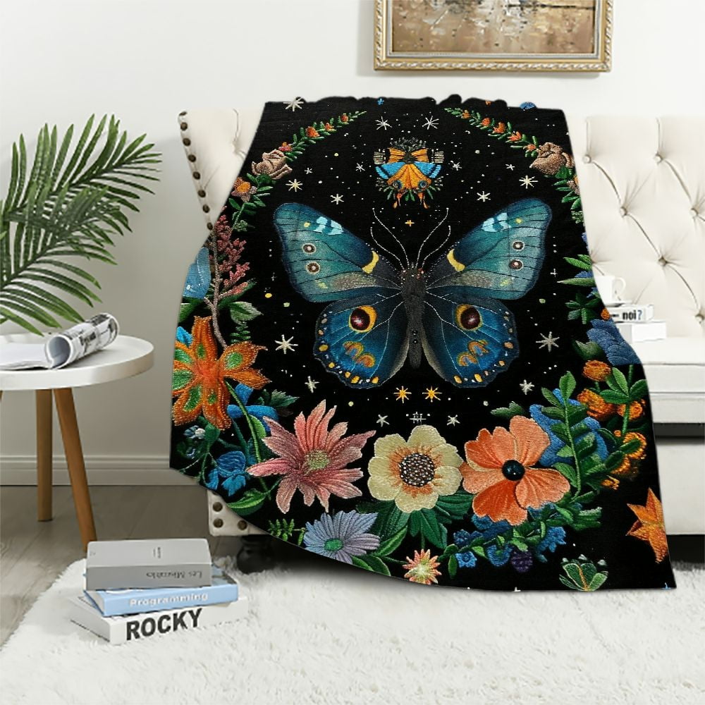 Blue Butterfly Moon Flower Throw Blanket, Botanical Floral