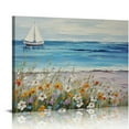 thumbnail image 1 of ONETECH  Blue Coastal Wall Art Ocean Canvas Flowers Daisy Painting Landscape Sailboat Picture White Yellow Artwork Modern Seascape Large Framed for Bedroom Living Room Home Office Decor, 1 of 4