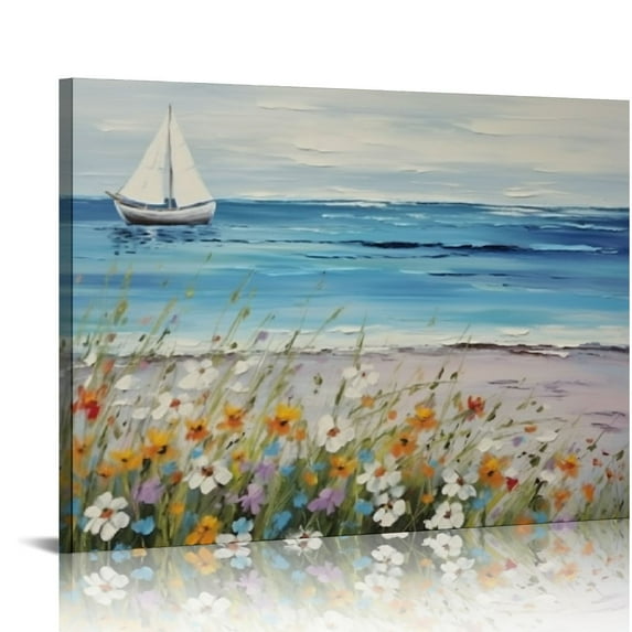 ONETECH Blue Coastal Wall Art Ocean Canvas Flowers Daisy Painting Landscape Sailboat Picture White Yellow Artwork Modern Seascape Large Framed for Bedroom Living Room Home Office Decor