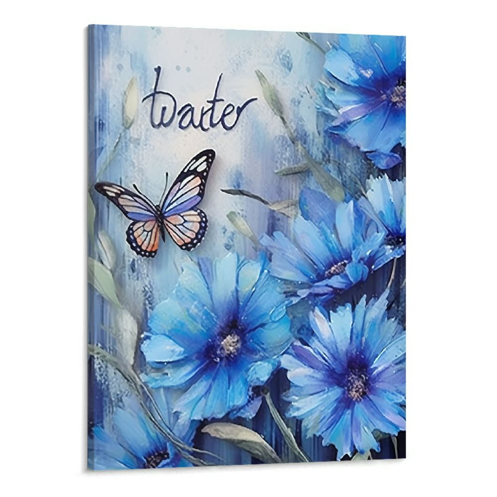 Blue Daisy Bathroom Decor Wall Art Blue Butterfly Flower