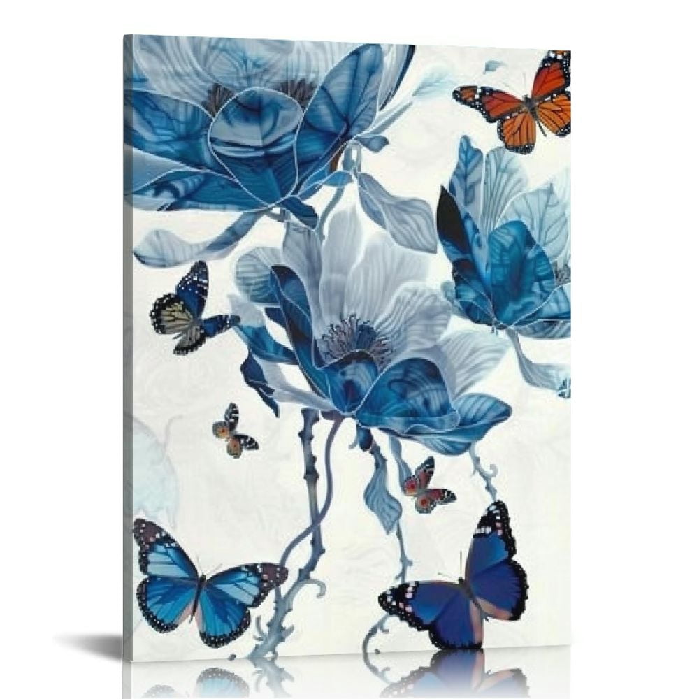ONETECH Blue Flower Wall Art Bathroom Decor Lotus with Butterfly Painting Canvas Prints Modern Navy and White Decorations for Bedroom