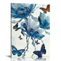 ONETECH Blue Flower Wall Art Bathroom Decor Lotus with Butterfly Painting Canvas Prints Modern Navy and White Decorations for Bedroom