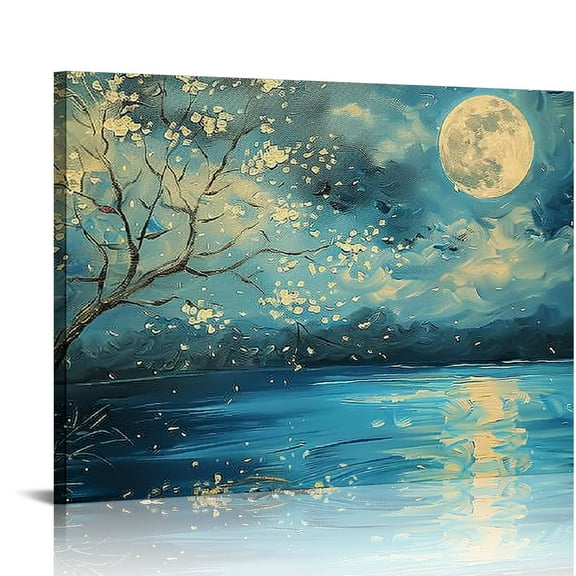 ONETECH Blue Plum Blossom Flower Canvas Wall Art Tree Moon Pictures Wall Decor Full Moon on Lake Abstract Modern Landscape Artwork Starry Night Teal Print for Living Room Kitchen Decoration