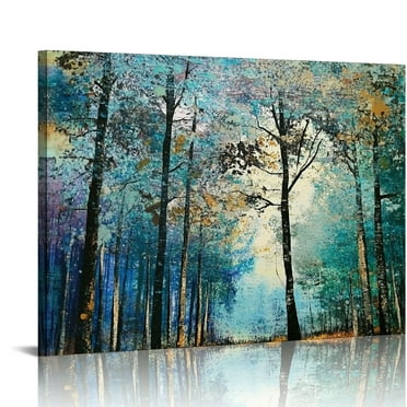 ONETECH  Blue Tree Canvas Wall Art Forest Landscape Picture Modern Birch Trees Nature Teal Abstract Painting Artwork, Large Size for Home Office Living Room Bedroom Bathroom Wall Decor 48"x24" 20x16in