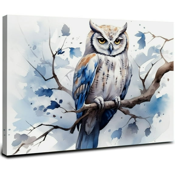 ONETECH Blue Watercolor Owl Paintings Canvas Wall Home Decor Artwork for Living Room Office Bedroom Bathroom Owl Canvas Picture Watercolor Animal 20x16inch
