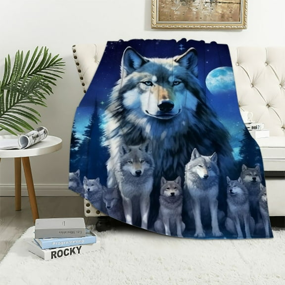 ONETECH Blue Wolf Throw Blanket Winter Wolves Animal Comfy Reversible Blanket Lightweight Soft Thick Warm Blanket for Bed Couch Twin