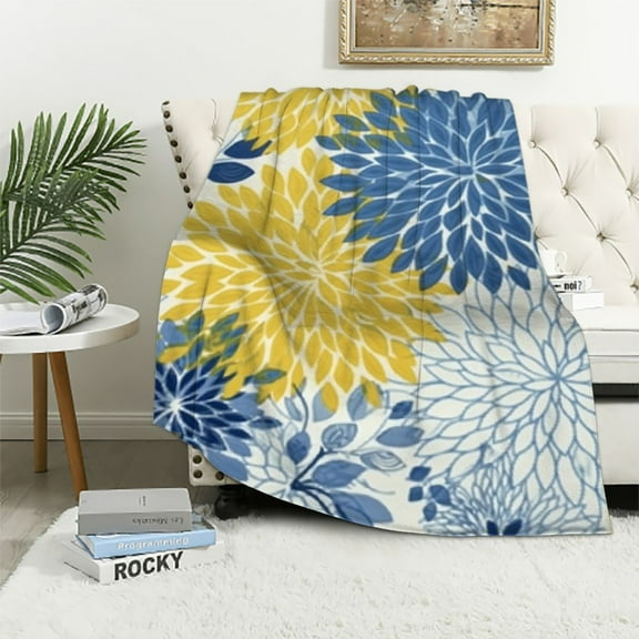 ONETECH Blue Yellow Navy Chrysanthemum Flowers Throw Blanket for Bed Sofa Couch Summer Blankets Lightweight Soft Cozy