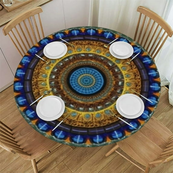 ONETECH Boho Blue Mandala Round Tablecloth Rustic Colorful Print Decorative Abstract Table Cloth Polyester Fabric Farmhouse Table Cover for Home Kitchen Indoor Picnic Patio Party