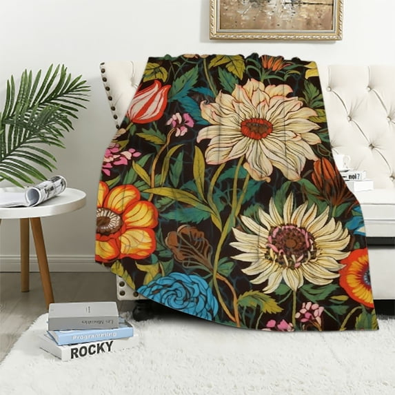 ONETECH Boho Floral Throw Blanket Soft Fuzzy Lightweight Color Flowers Printed Bohemian Ethnic Style Blankets Gifts for Adult Couch Sofa Room and Bed Chiristmas Decor All Seasons