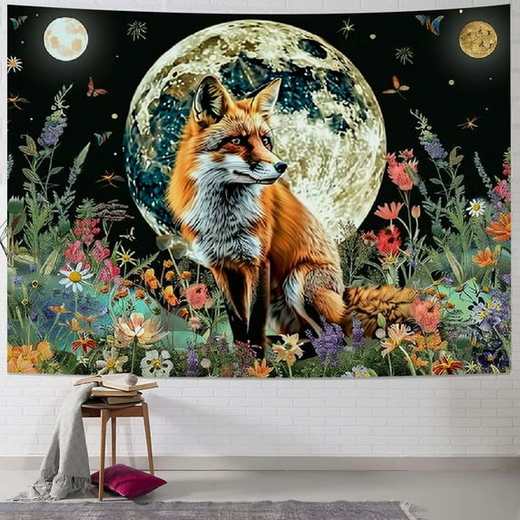 ONETECH Boho Fox Floral Aesthetic Tapestry, Moon Cute Fox Botanical Flower Plant Boho Tapestry for Bedroom, Vintage Fairy Art Decor Boho Floral Tapestry Wall Hanging for Living Room Dorm