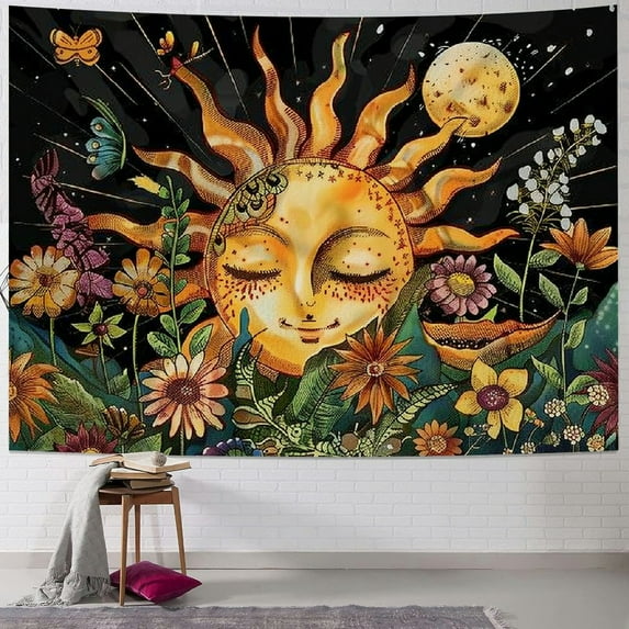 ONETECH Boho Sun Tapestry for Bedroom Aesthetic, Vintage Mushroom Botanical Plant Art Tapestries Wall Hanging for College Dorm Living Room Decor , Fairy Galaxy Poster Blanket