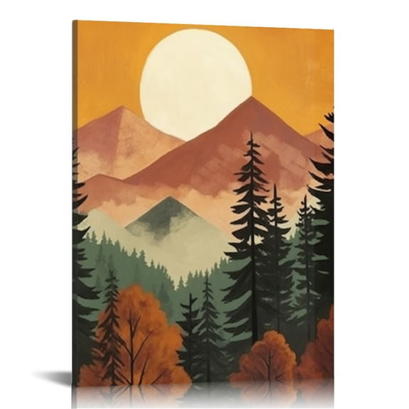 ONETECH Boho Wall Art Decor,Mid-Century Modern Wall Prints, Abstract Sun Mountain Forest Lake Nature Scenery Framed Canvas Wall Art Paintings, (16x20inch)
