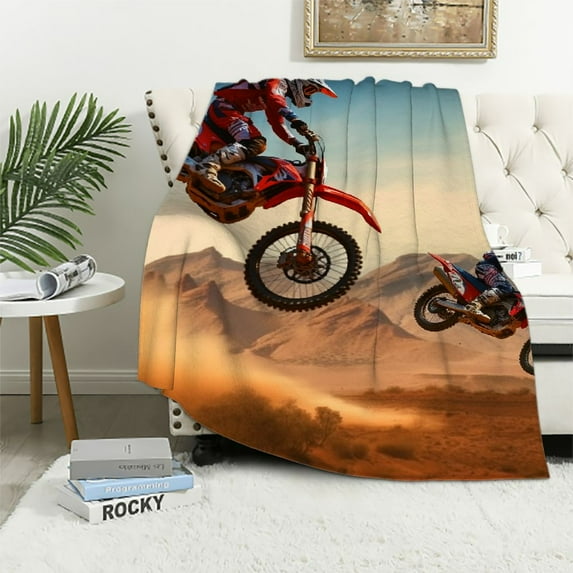 FUMJ Boys Motocross Rider Plush Throw Blanket for Sofa Couch Extreme Sports Theme Sherpa Blanket Motorcycle Pattern Blanket Cool Dirt Bike Fuzzy Blanket Room Decor Twin