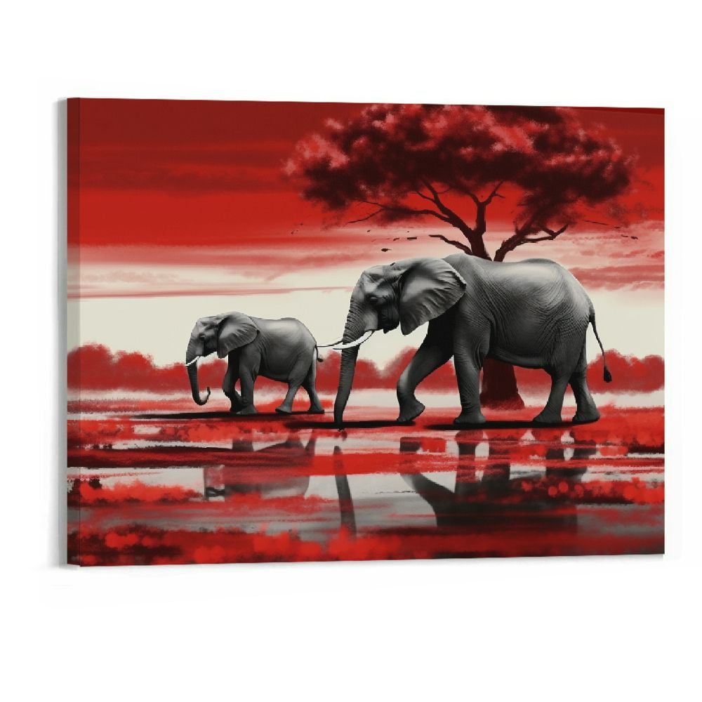 Burgundy Red Wall Decor Large Elephant Canvas Wall Art African