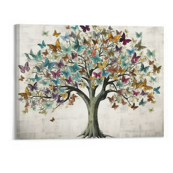 ONETECH Butterfly Pictures Wall Art Large Tree of Life Painting on Canvas Framed Colorful Butterflies Prints Artwork for Living Room Bedroom Decor- 20x16 Inch