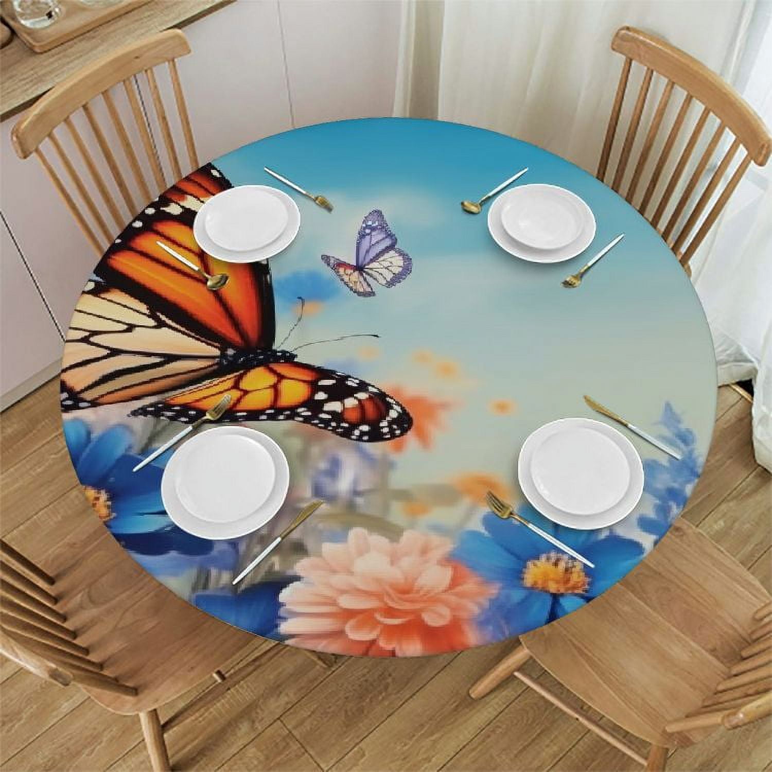 ONETECH Butterfly Round Table cover Spring Blue Flowers Table Cover ...