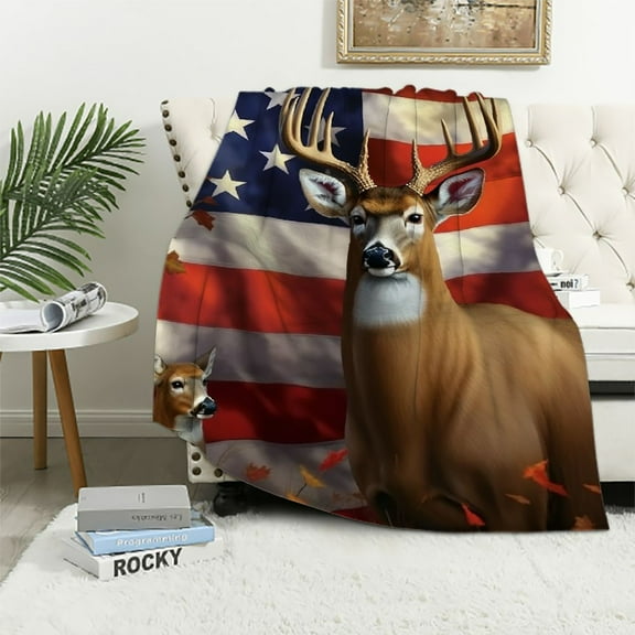 ONETECH Cabin Blanket Soft Cozy American Flag Animal Elk Throw Blanket Decor Plush Lightweight Fuzzy Hunting Blanket Gifts for Girls Women Boys Men Adult Bed