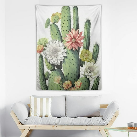 ONETECH Cactus Tapestry Succulent White Flower Vertical Wall Hanging Polyester Wall Art Tapestry Headboard Home Decor for Living Room Bedroom