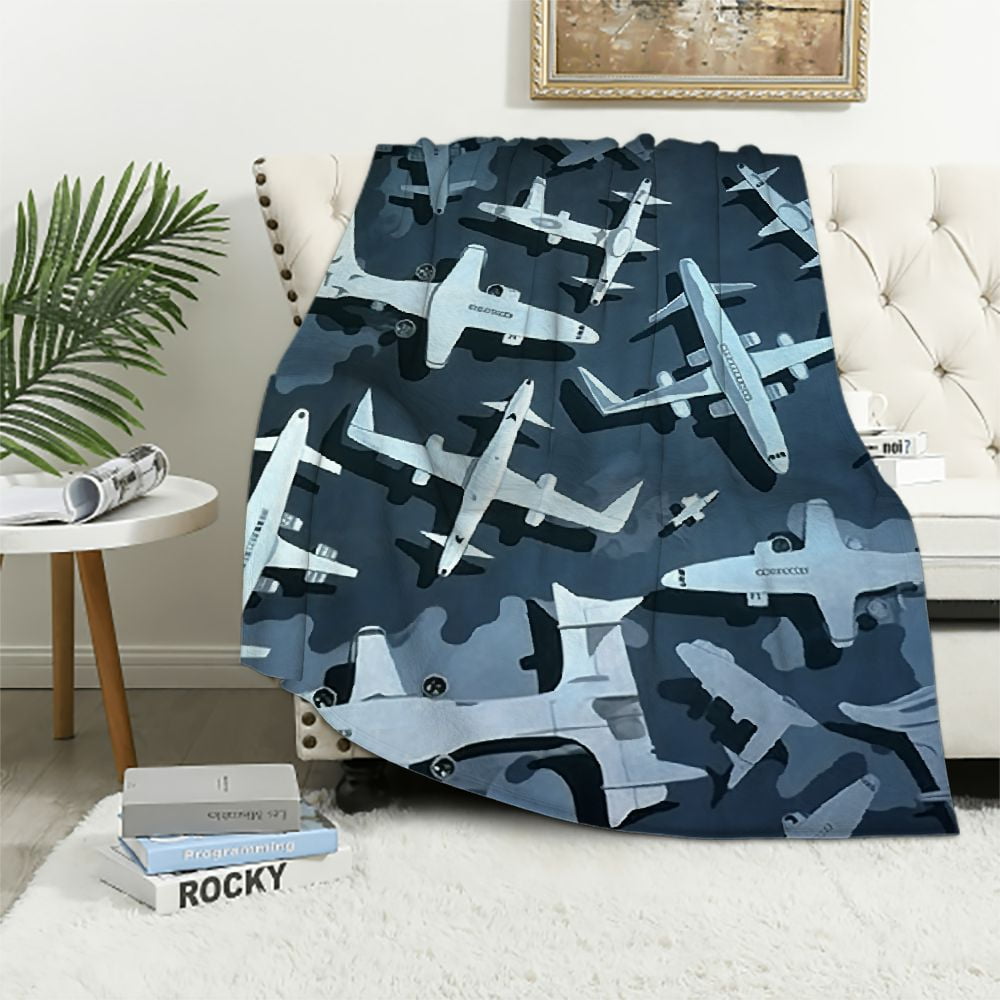 Camouflage Aircraft All Season Bed Blanket Kids,Camo Airplane Print Flannel Throw