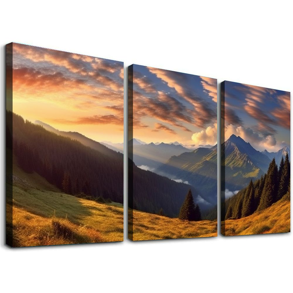 ONETECH Canvas Print Wall Art Sunset Over The Golden Mountain Forest ...