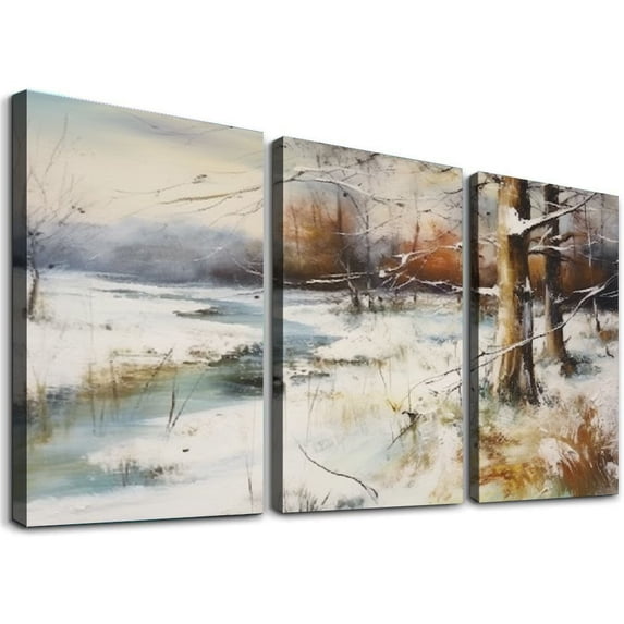 ONETECH Canvas Wall Art Minimalism Landscape Painting White Winter, Painting Artwork Framed 12''x16''X3 Panels