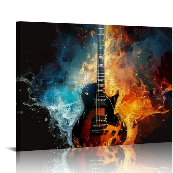 ONETECH Canvas Wall Art, Music Water And Fire Guitar Wall Decor Print Painting Gift Wall Living Room Bedroom Home Office Decoration Painting 16x12in