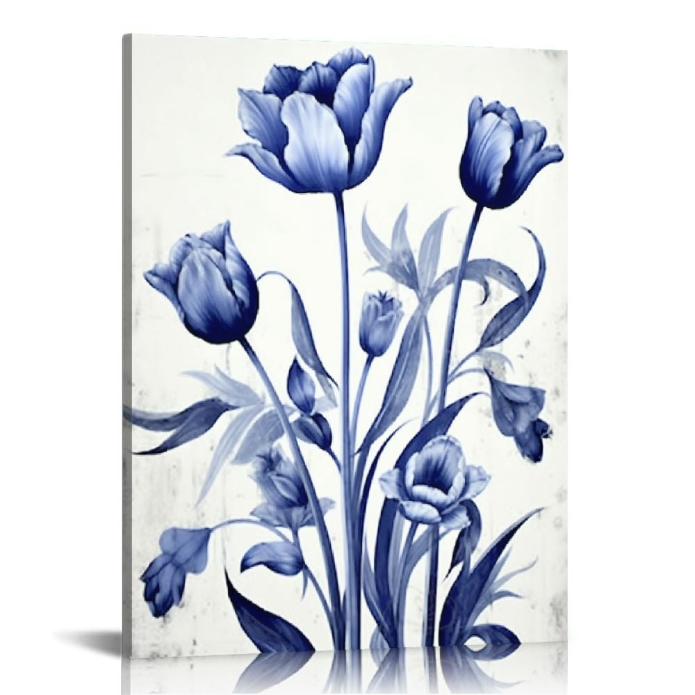 ONETECH Canvas Wall Art Navy Blue and Grey Flower Painting Art Prints ...